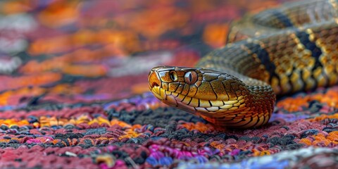 Fototapeta premium Close-up of a King Cobra lying on a decorative surface.