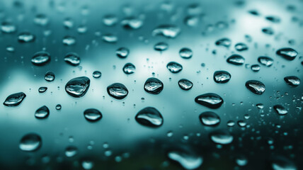 Heavy raindrops on glass with dark storm clouds in the background 