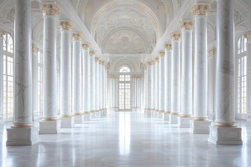 Fototapeta premium Opulent white hall featuring champagne marble and Parisian arches.