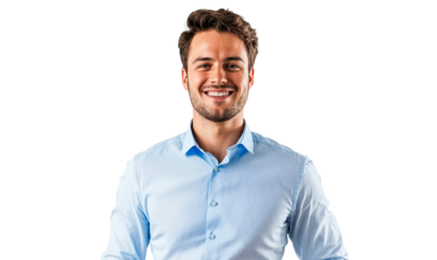 Portrait of a smiling handsome businessman in a casual pose, studio photo, isolated on transparent background