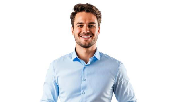 Portrait of a smiling handsome businessman in a casual pose, studio photo, isolated on transparent background