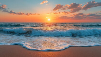 Obraz premium Ocean waves crashing on sandy beach at sunset. Perfect for travel and relaxation themes.