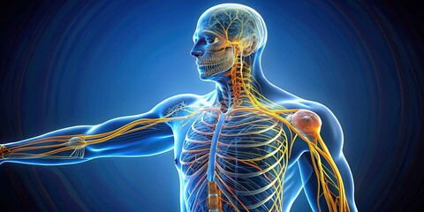 Illuminated 3D illustration of the human arm's lateral antebrachial cutaneous nerve, showcasing its path from the musculocutaneous nerve to the forearm skin.