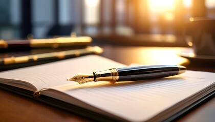 A luxurious fountain pen with a gold-plated body and a fine nib, resting on a blank page of a notebook, ready for creative writing or journaling. 1
