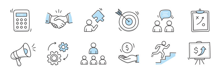 Obraz premium Hand drawn icon sketch business office career set. Doodle hand drawn business office target, finance group work, career teamwork strategy. Target, puzzle, chart element. Vector illustration.