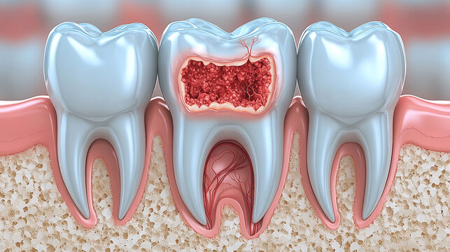 Illustration of a tooth showing decay and pulp exposure, emphasizing dental health and the importance of dental care.
