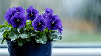 Potted violets against a misty window with raindrops dripping slowly 