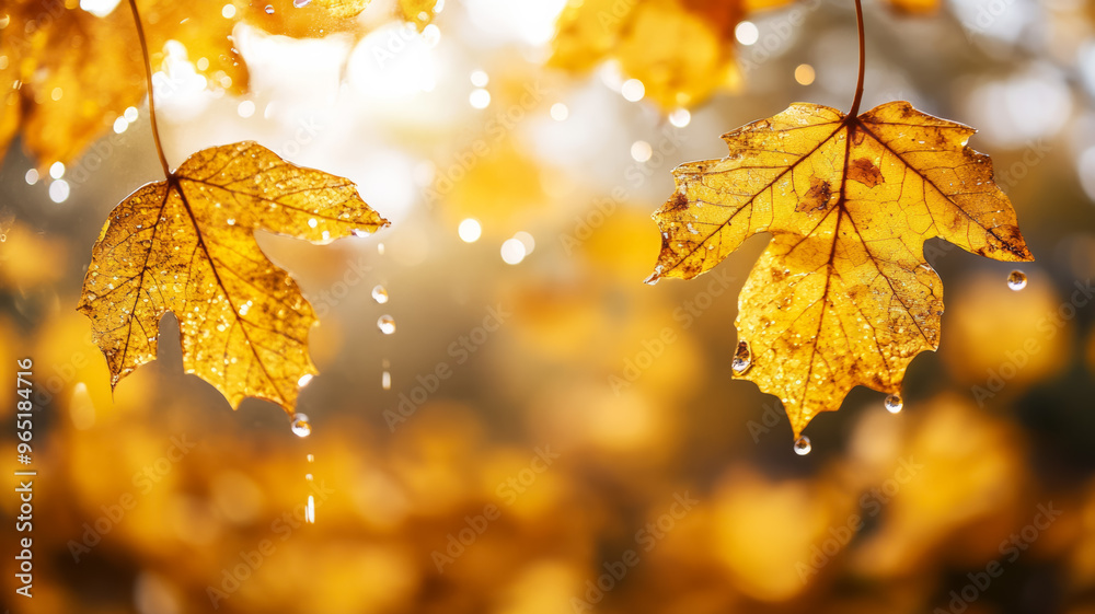 Sticker Raindrops on glass with blurred golden autumn leaves and sunlight filtering through 