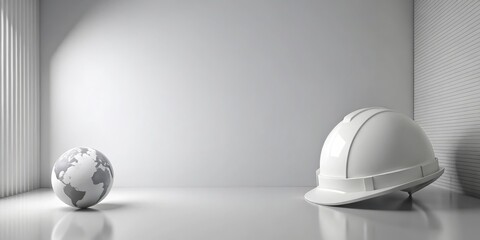 White Globe and Hard Hat in White Room,minimalism, 3d, safety, architecture