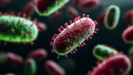 Fototapeta premium Round bacteria with glowing membranes in shades of green and red on a dark microscopic background 