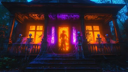 Obraz premium A haunted house's front porch, cobweb-covered with animated skeletons guarding the entrance, illuminated by creepy orange and purple lights, cracked windows, decayed wood,