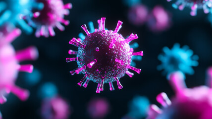 Spiky virus particles in fluorescent colors with a glowing effect on a black backdrop 