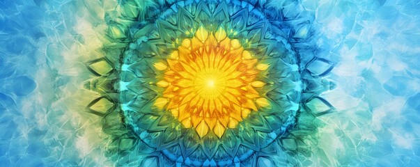 Abstract Watercolor Mandala with Yellow, Green, and Blue Colors
