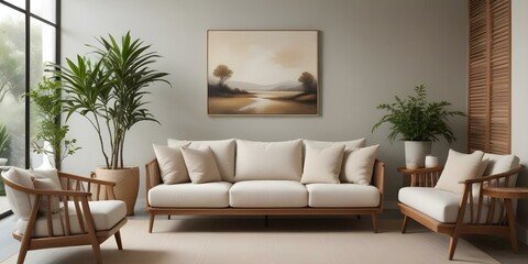 Fototapeta premium A modern living room with a large beige sofa, a wooden coffee table, and a landscape painting on the wall. The room has a minimalist and cozy feel