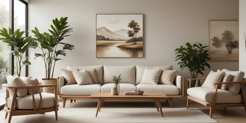 Fototapeta premium A modern living room with a large beige sofa, a wooden coffee table, and a landscape painting on the wall. The room has a minimalist and cozy feel