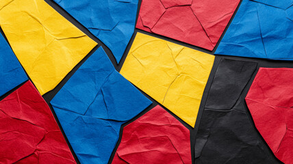 Textured paper shapes in bold red yellow and blue with intersecting thin black lines 