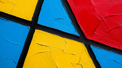 Textured paper shapes in bold red yellow and blue with intersecting thin black lines 