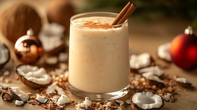 A rustic table scene with a glass of coquito garnished with a cinnamon stick, surrounded by coconut flakes and Christmas ornaments. Soft natural light filters through, casting gentle shadows. Warm,