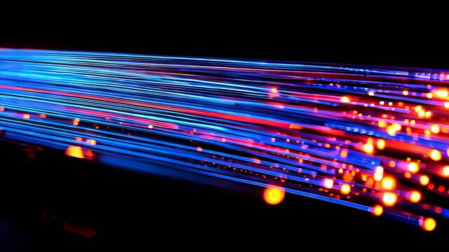 Fiber optic. Bundle of optical fiber wires transmits data at high speed. Macro shot. 