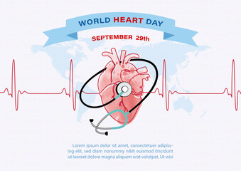 Image of Stethoscope around on a human heart with heartbeat and wording of World Heart Day, example texts on blue paper pattern background. Poster's campaign in watercolors and vector design.