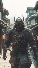 Fototapeta premium A samurai wearing menacing armor made from oni material, with a helmet, walking through an Edo period town during bright daylight