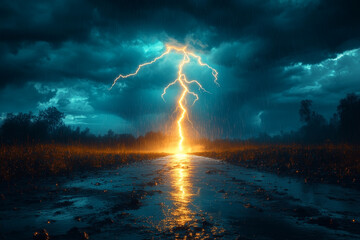 Obraz premium Lightning over the field. Landscape with thunderbolt striking