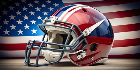 Red, white, and blue stripes adorn the helmet as a winged Minuteman soars, grasping a Revolutionary War-era musket,