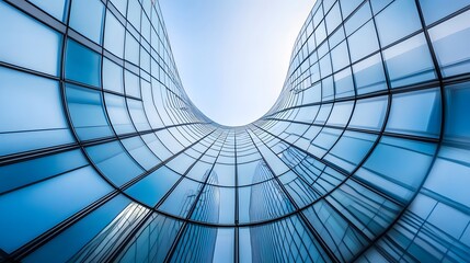 Low-angle view of a modern glass building with a sleek, curved design against a clear blue sky. The reflective windows and fluid architecture create a sense of innovation and futuristic.