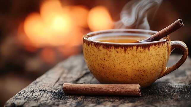 A steaming cup of Russian sbiten with a cinnamon stick resting on the rim, placed on a rustic wooden table. The background features a softly glowing fire, casting a warm and cozy light,
