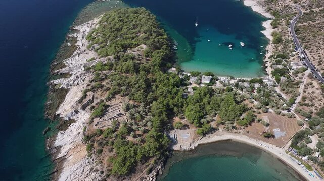 Aerial view of Alyki Ancient Marble Quarry, Thassos, Greek Islands, Greece, Europe 