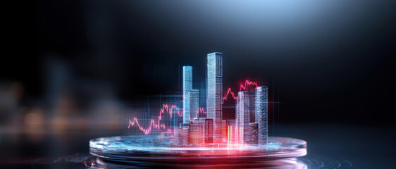 A miniature city skyline with red glowing lights, representing economic growth and development