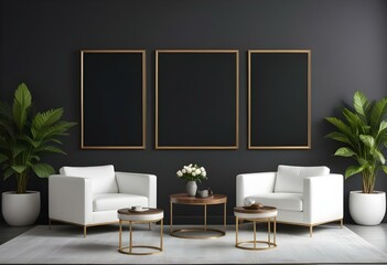 A modern living room with white leather armchairs, a wooden coffee table, and three empty gold-framed wall art displays against a dark gray wall.