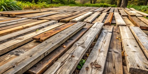 Weathered and worn wooden planks scattered in outdoor setting , old, broken, weathered, wood, planks, boards, texture, outdoors