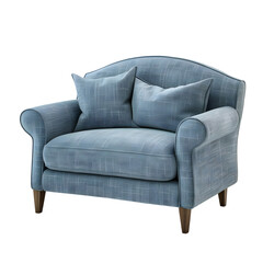 Cozy blue armchair with deep cushioning and modern design. Isolated on a transparent background.