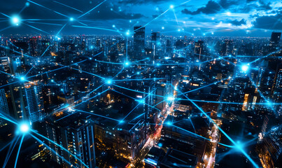 Night city skyline with glowing blue lines connecting buildings, symbolizing global network connection and digital infrastructure.