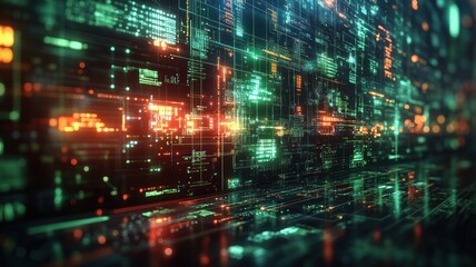 Fototapeta premium Abstract digital data visualization with glowing lines and patterns.