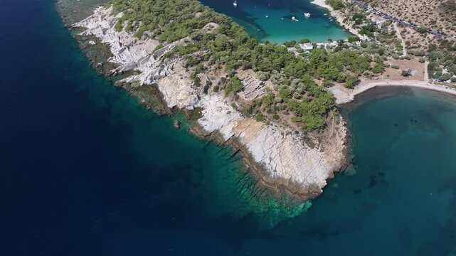 Aerial view of Alyki Ancient Marble Quarry, Thassos, Greek Islands, Greece, Europe 