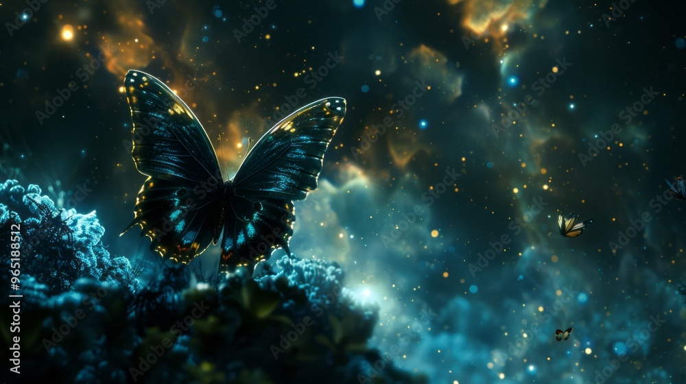 Wall mural majestic planet covered with a multitude of butterflies floating in the vastness of the galaxy - enc