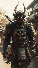 Fototapeta premium A samurai wearing menacing armor made from oni material, with a helmet, walking through an Edo period town during bright daylight