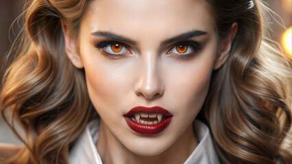Fototapeta premium Close-up of a vampire with pale skin and sharp fangs, piercing red eyes glowing in dim light, dark shadows accentuating sharp contours