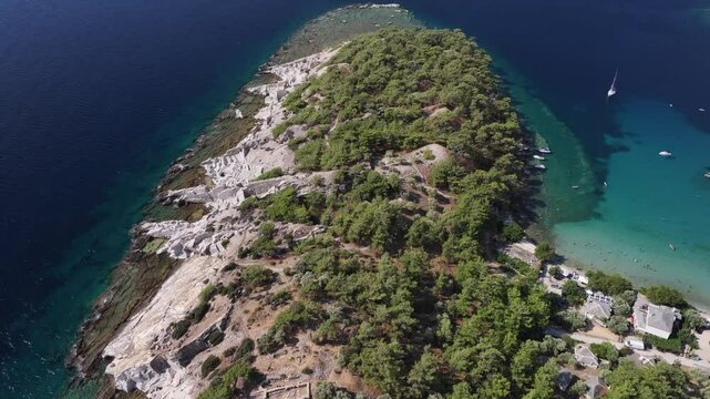 Aerial view of Alyki Ancient Marble Quarry, Thassos, Greek Islands, Greece, Europe 