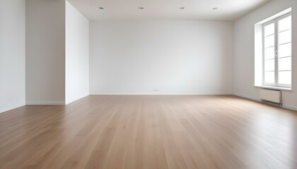 Obraz premium Empty room with white walls and wooden floor, minimal and clean interior design.