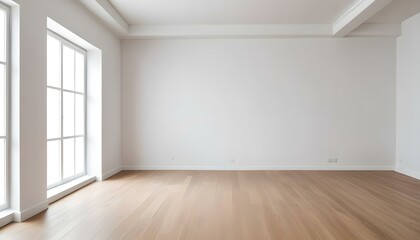 Obraz premium Empty room with white walls and wooden floor, minimal and clean interior design.