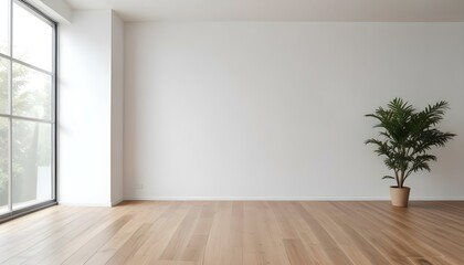 Fototapeta premium Empty room with white walls and wooden floor, minimal and clean interior design.