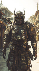 Fototapeta premium A samurai wearing menacing armor made from oni material, with a helmet, walking through an Edo period town during bright daylight