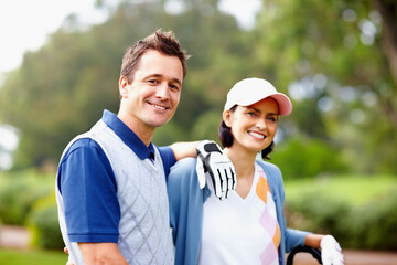 Naklejka premium Golf, game and outdoor portrait of couple on course with smile, confidence and teamwork on fitness adventure. Support, happy woman and man on green for fun sports date, health and wellness together.
