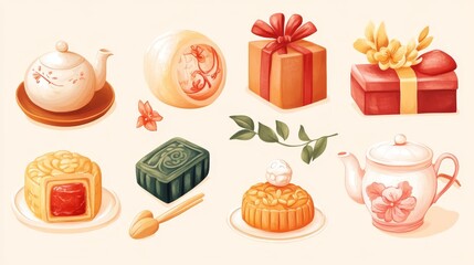 Vector illustrations of moon festival food, including the moon, osmanthus flower, osmanthus jelly, mooncake, bunny rice cake, gift, and teapot.