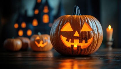 A lit jack-o'-lantern on a wooden table. This image is perfect for Halloween-themed designs and projects.