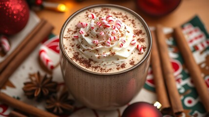 A top-down view of a peppermint mocha with whipped cream and crushed candy canes sprinkled on top, placed on a holiday-themed tablecloth with cinnamon sticks and ornaments.