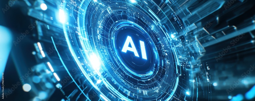 Poster blue and white ai icon in a digital futuristic interface with glowing tech elements and abstract dat